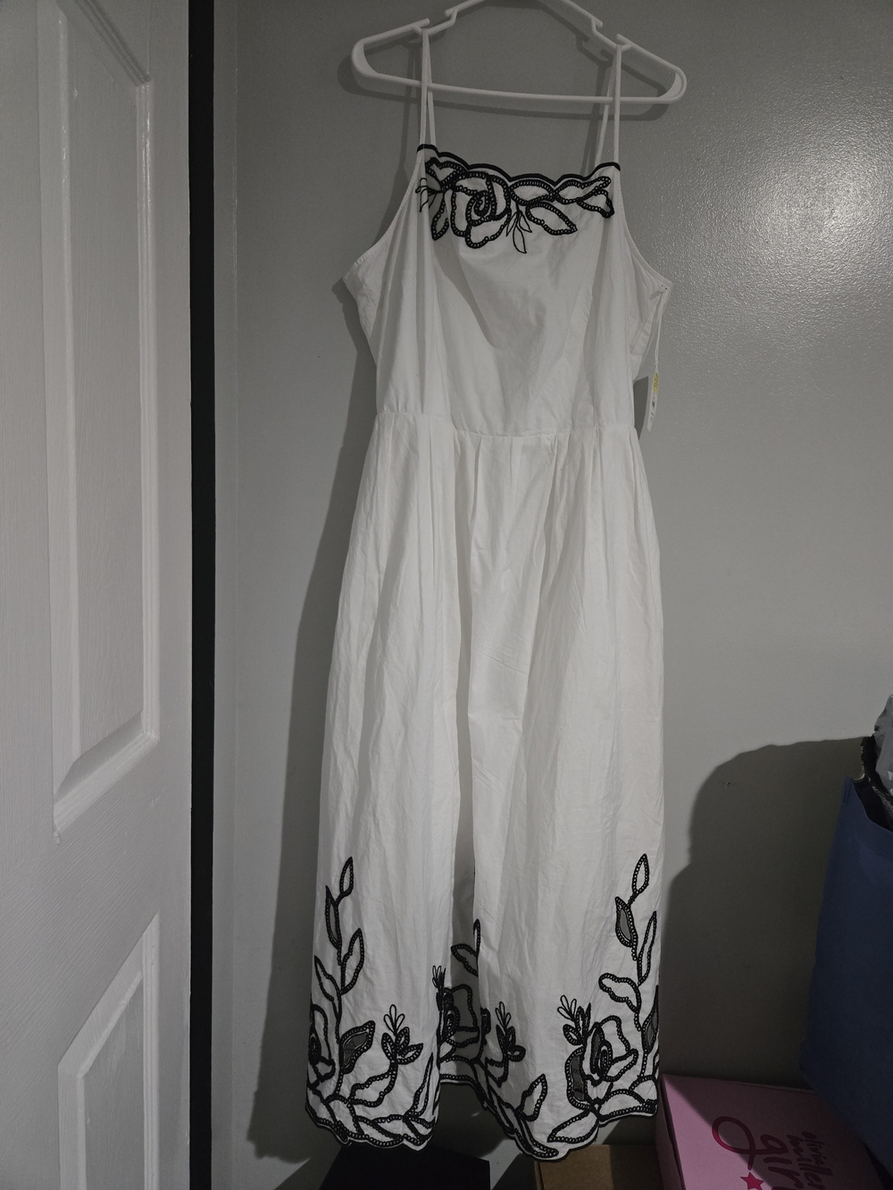 White Midi Dress with Black Floral Trim and Spaghetti Straps